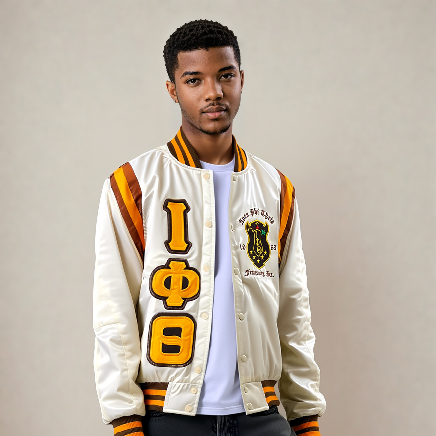 Iota Phi Theta 2024 Homecoming Collection Bomber Jacket – Cream, Gold, and Brown