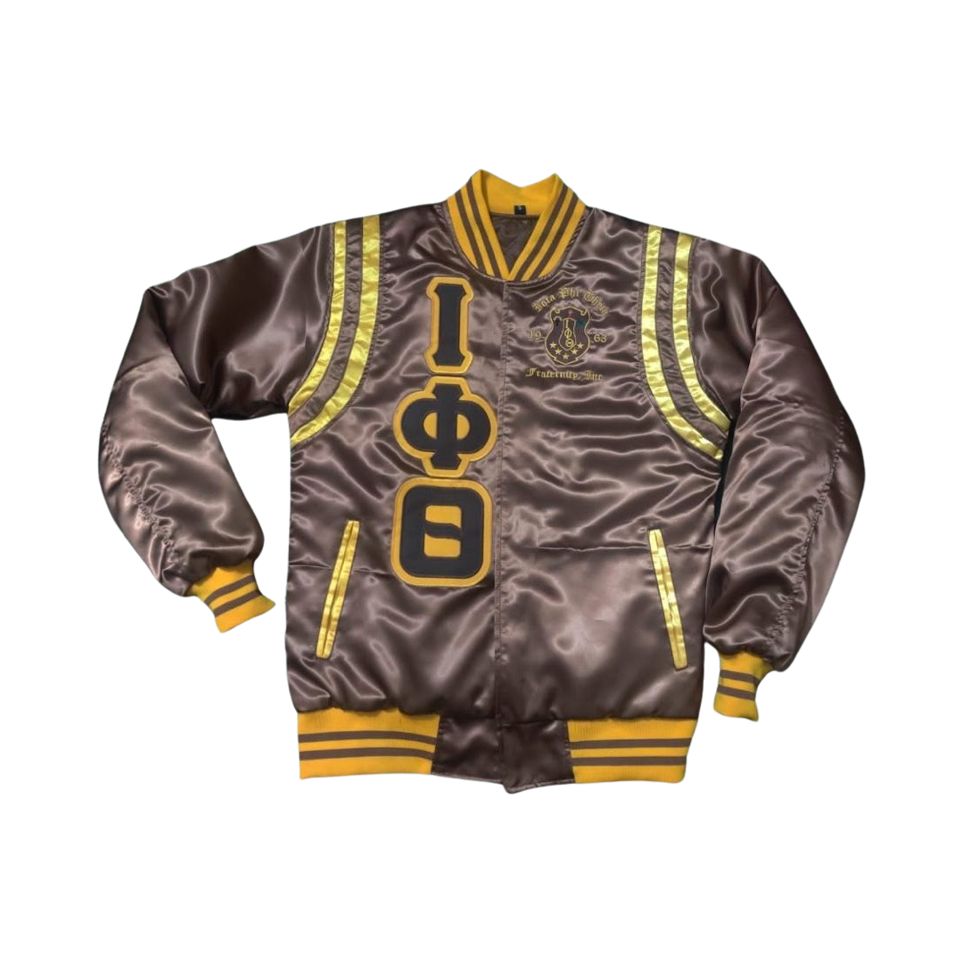 Iota Phi Theta 2024 Homecoming Collection Bomber Jacket – Cream, Gold, and Brown