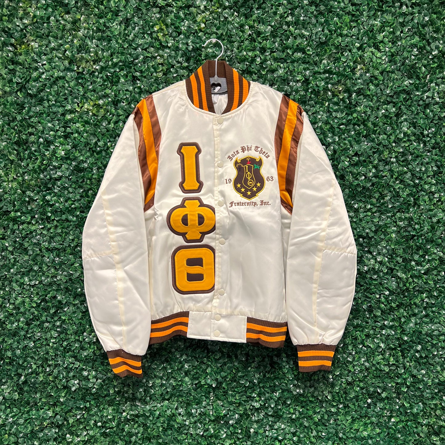 Iota Phi Theta Cream Satin Bomber Jacket