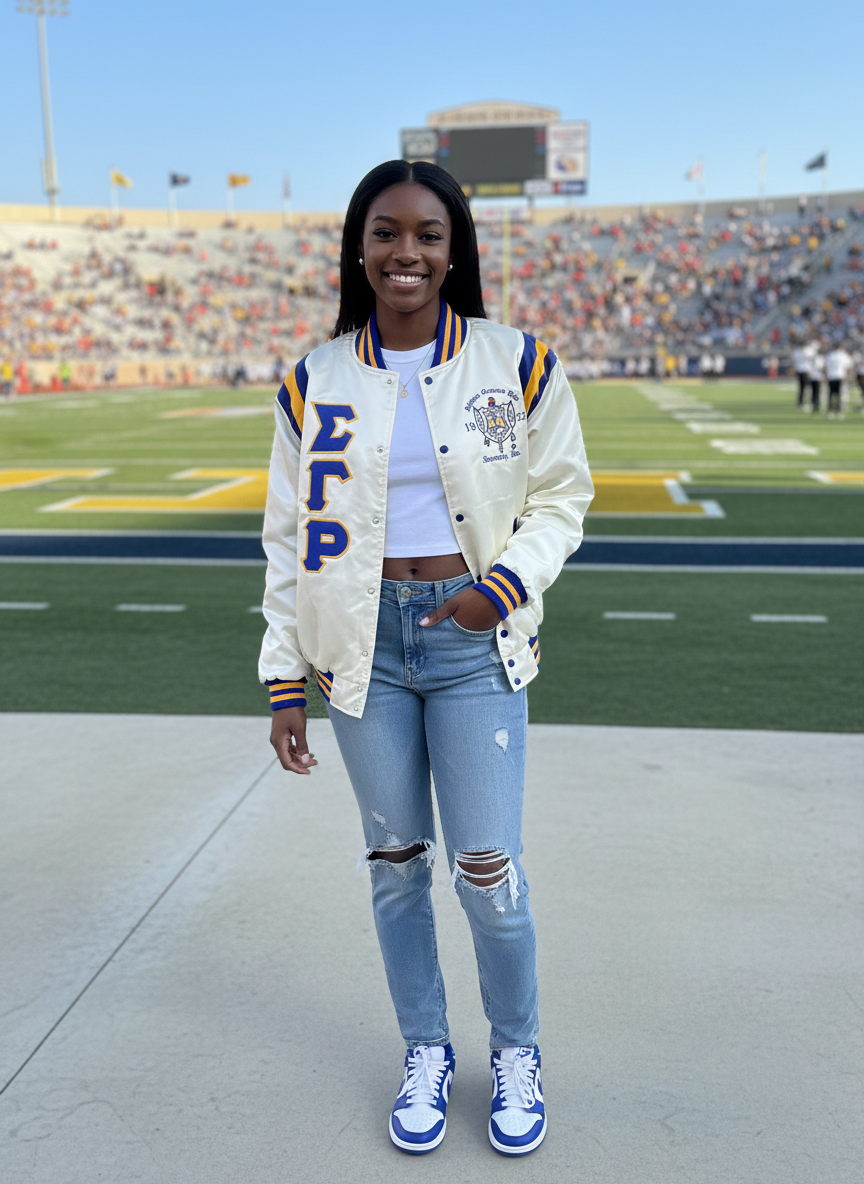 Sigma Gamma Rho Cream Satin Bomber Jacket